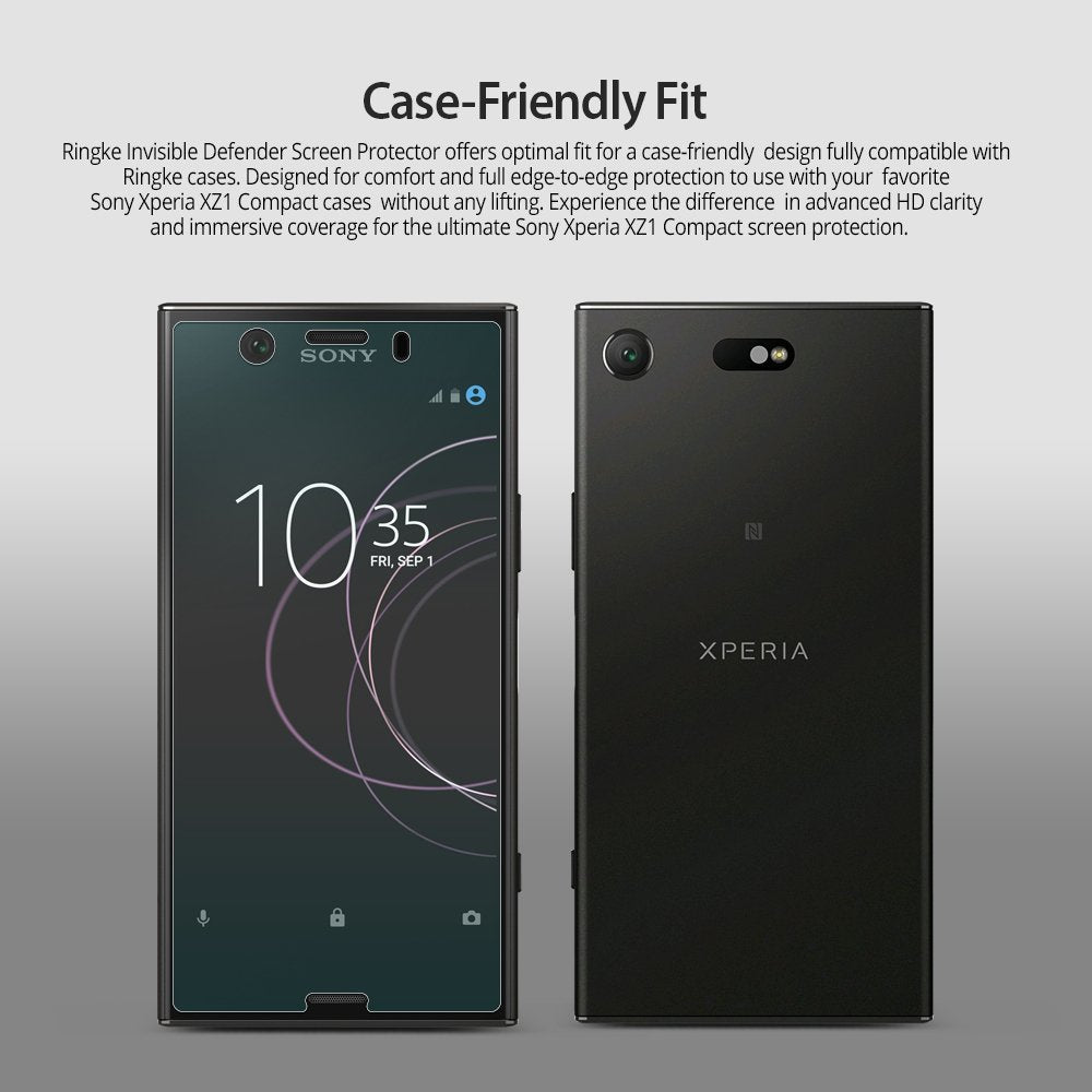 Xperia XZ1 Compact Screen Protector | Invisible Defender - Xperia XZ1 Compact Screen Protector - Front and back views of a black Sony Xperia XZ1 Compact phone with a screen protector.