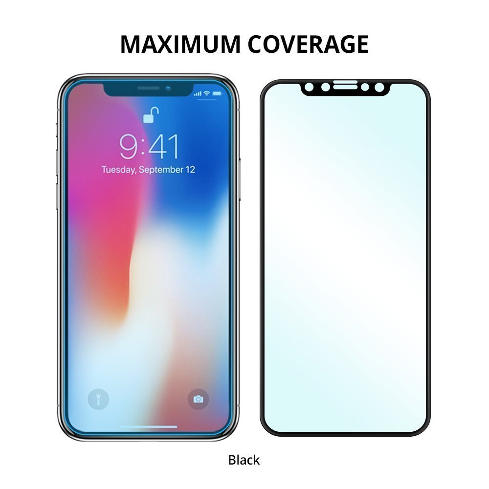 iPhone X Screen Protector | Full Cover Glass - iPhone X next to a black full-coverage glass screen protector.