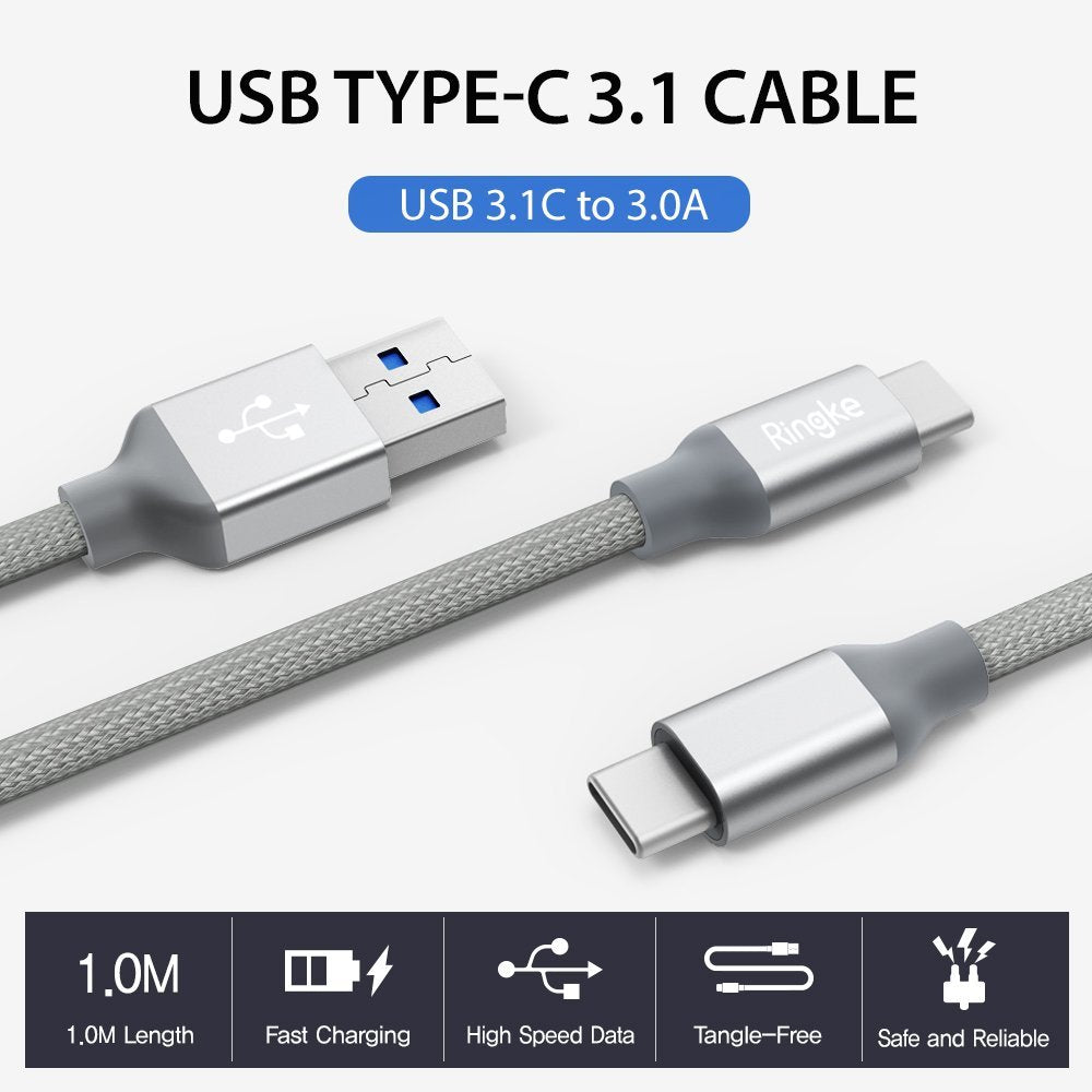 USB Type C Cable - Braided USB-C to USB-A cable with metallic connectors and feature icons for length, speed, and safety.