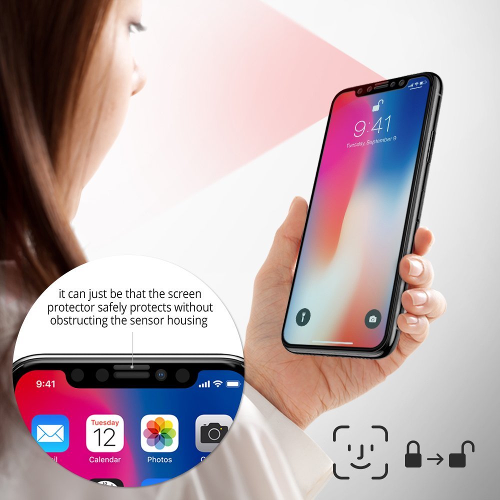 iPhone X Screen Protector | Full Cover Glass - iPhone X Screen Protector - Person holding iPhone with glass protector, highlighting unobstructed sensor housing for Face ID.
