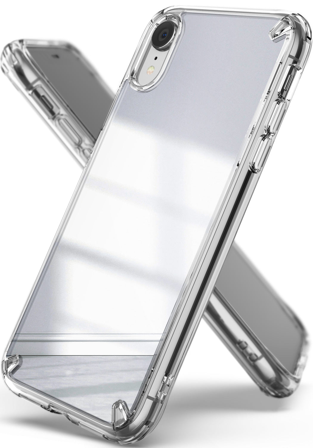 iPhone XR Case | Mirror - Silver - Two clear, reflective silver mirror iPhone XR cases angled against each other.