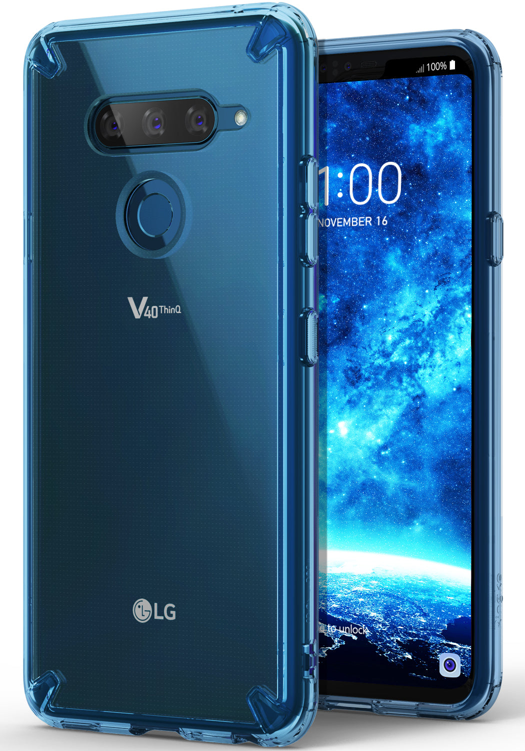 LG V40 ThinQ Case | Fusion - Aqua Blue - Transparent aqua blue protective phone case on an LG V40 ThinQ smartphone.