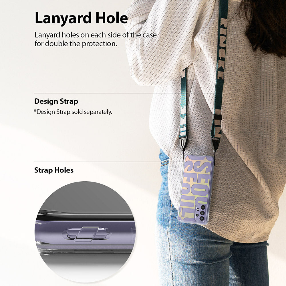 Galaxy A32 4G Case | Fusion Design - Seoul - Person wearing a phone case with a lanyard, showing side strap holes.