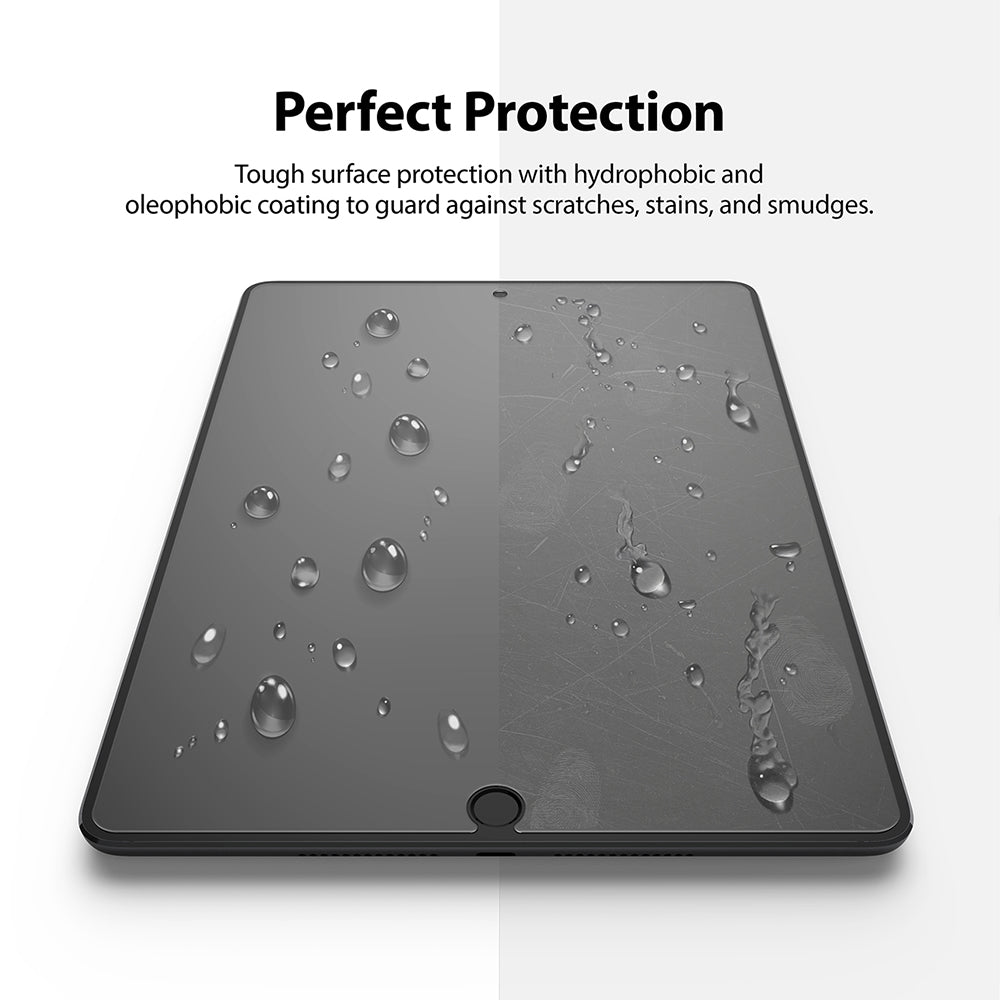 Tempered Glass | iPad - Split screen showing water beading on a protected tablet versus smudges on an unprotected surface.