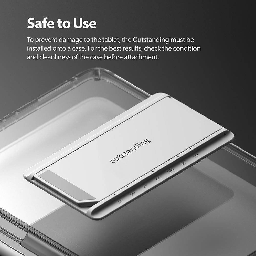 Fusion Plus + Outstanding | iPad - Silver Outstanding tablet stand attached to a clear iPad case with angle markings.