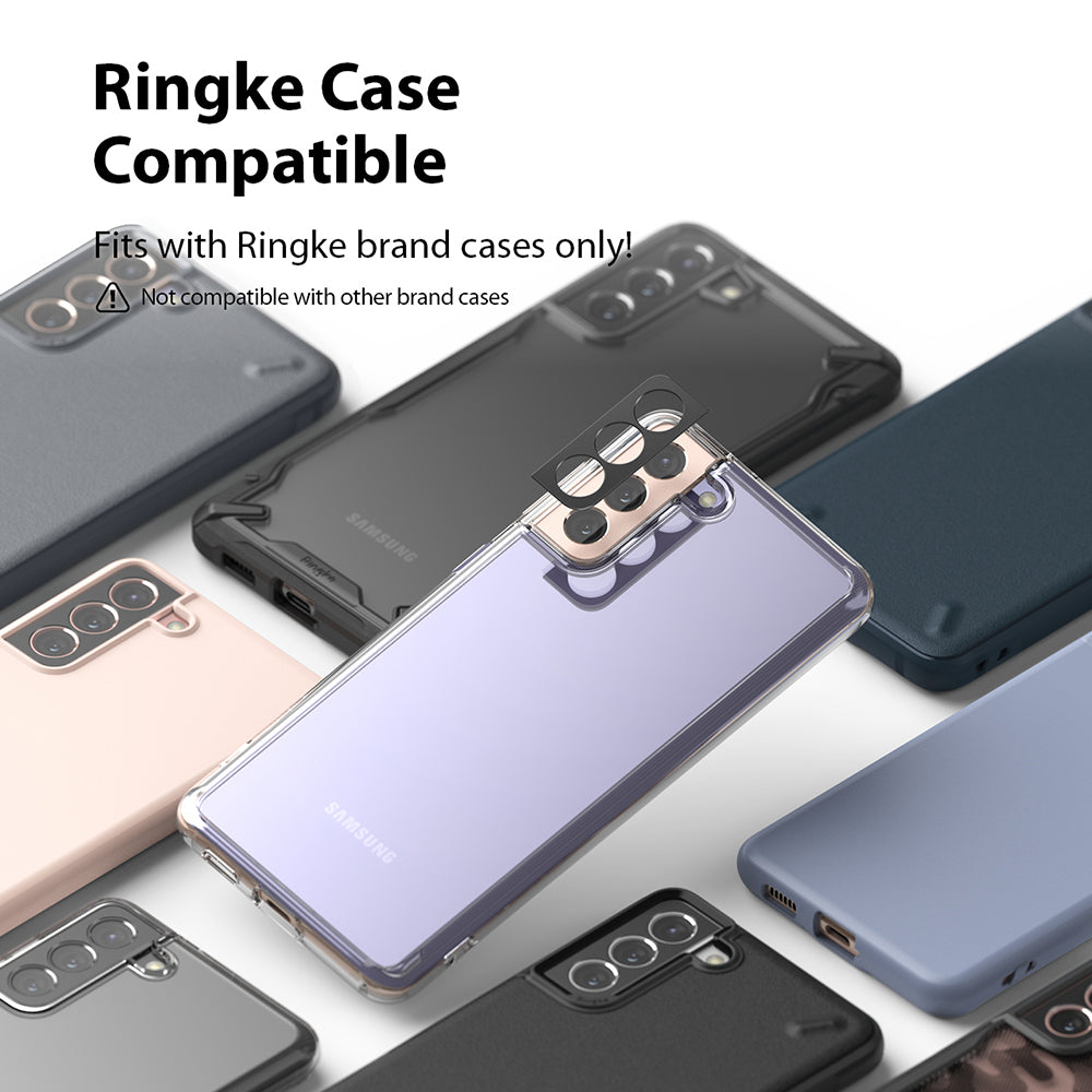 Galaxy S21 | Camera Styling - A camera lens protector being applied to a purple Galaxy S21 surrounded by various Ringke phone cases.