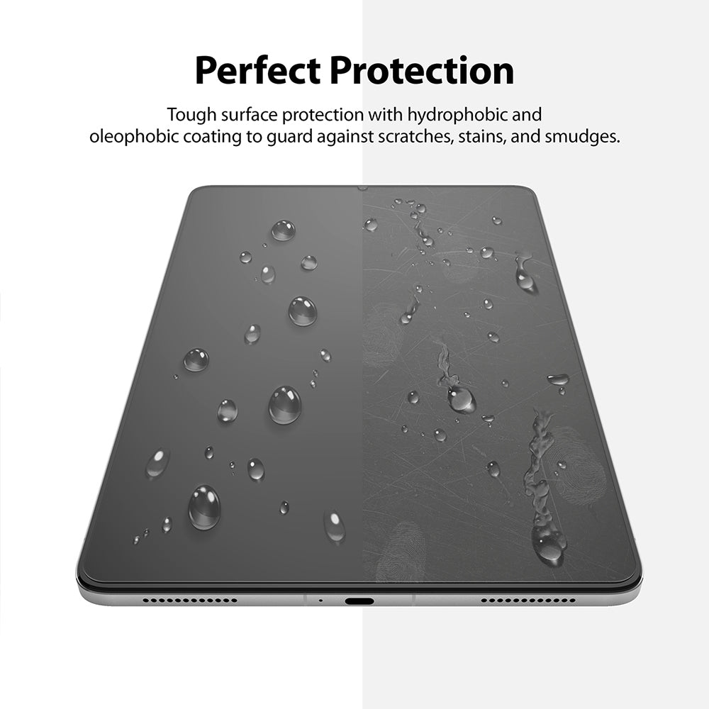Xiaomi Pad 5 / 5 Pro Screen Protector | Invisible Defender Glass - Xiaomi Pad 5 / 5 Pro Screen Protector - Tablet screen with water beads on the left and smudges on the right.
