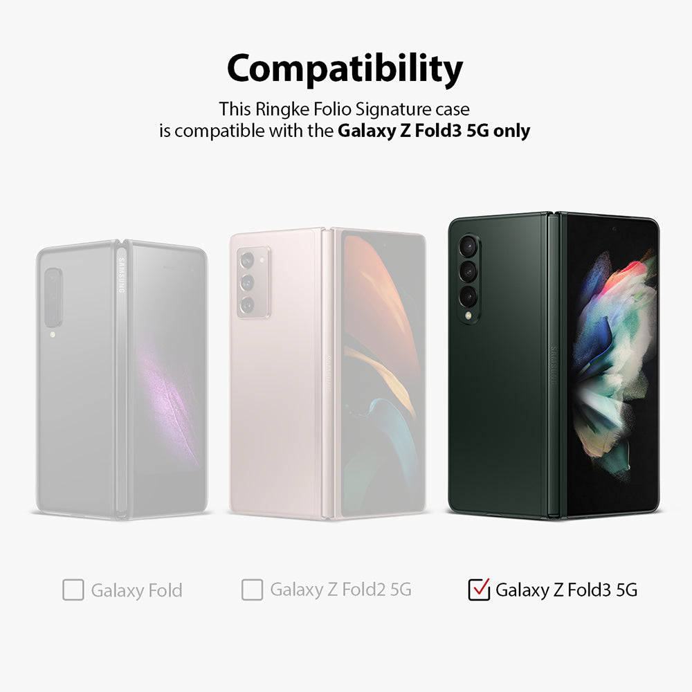 Galaxy Z Fold 3 Case | Folio Signature EZ Strap - Compatibility chart showing Galaxy Z Fold 3 5G is the only supported model.