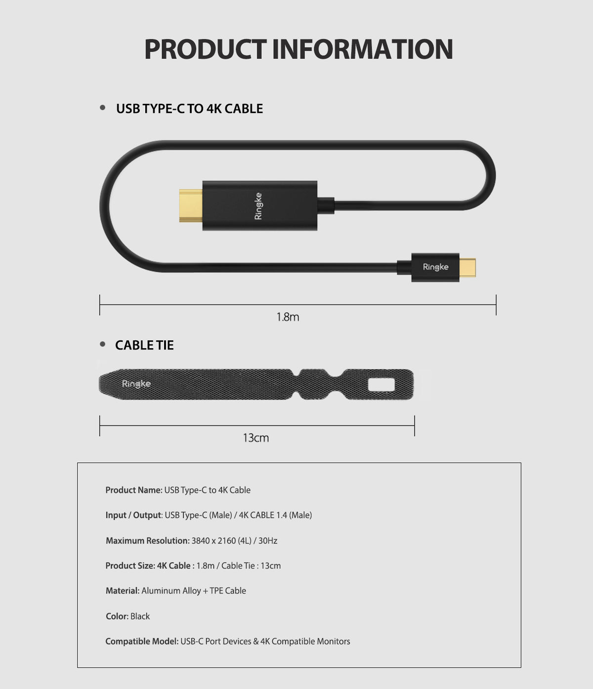 Type C to 4K HDMI Cable - Diagram showing a 1.8m USB-C to 4K HDMI cable, a 13cm cable tie, and technical specifications.