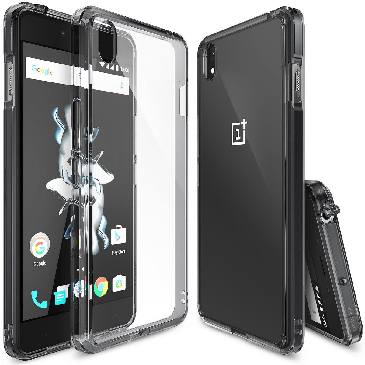 OnePlus X Case | Fusion - Smoke Black - Transparent smoke black phone case shown from front, back, and side angles.