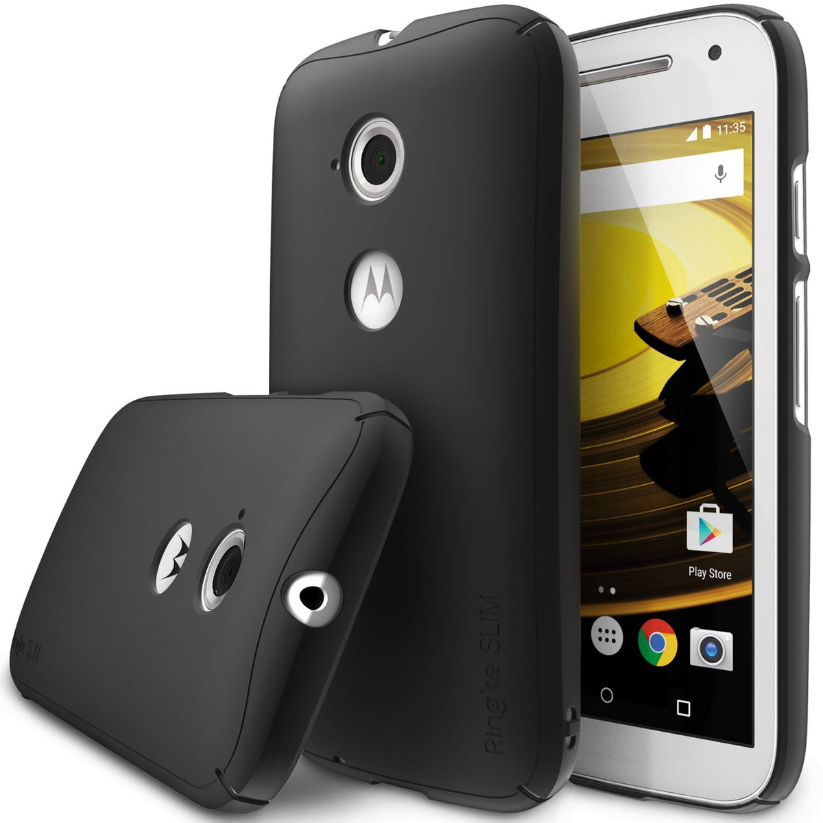Moto E 2015 (2nd Gen.) Case | Slim - Black - A black slim phone case shown from the back and side, protecting a white Moto E.