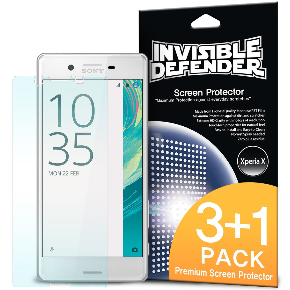 Xperia X Screen Protector | Invisible Defender - Xperia X Screen Protector - Invisible Defender 3+1 pack for Sony Xperia X with a clear film overlaying a white smartphone.