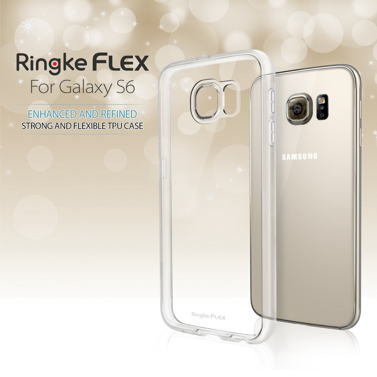 Galaxy S6 Case | Flex - Clear - Transparent TPU phone case next to a gold Samsung Galaxy S6 against a bokeh background.