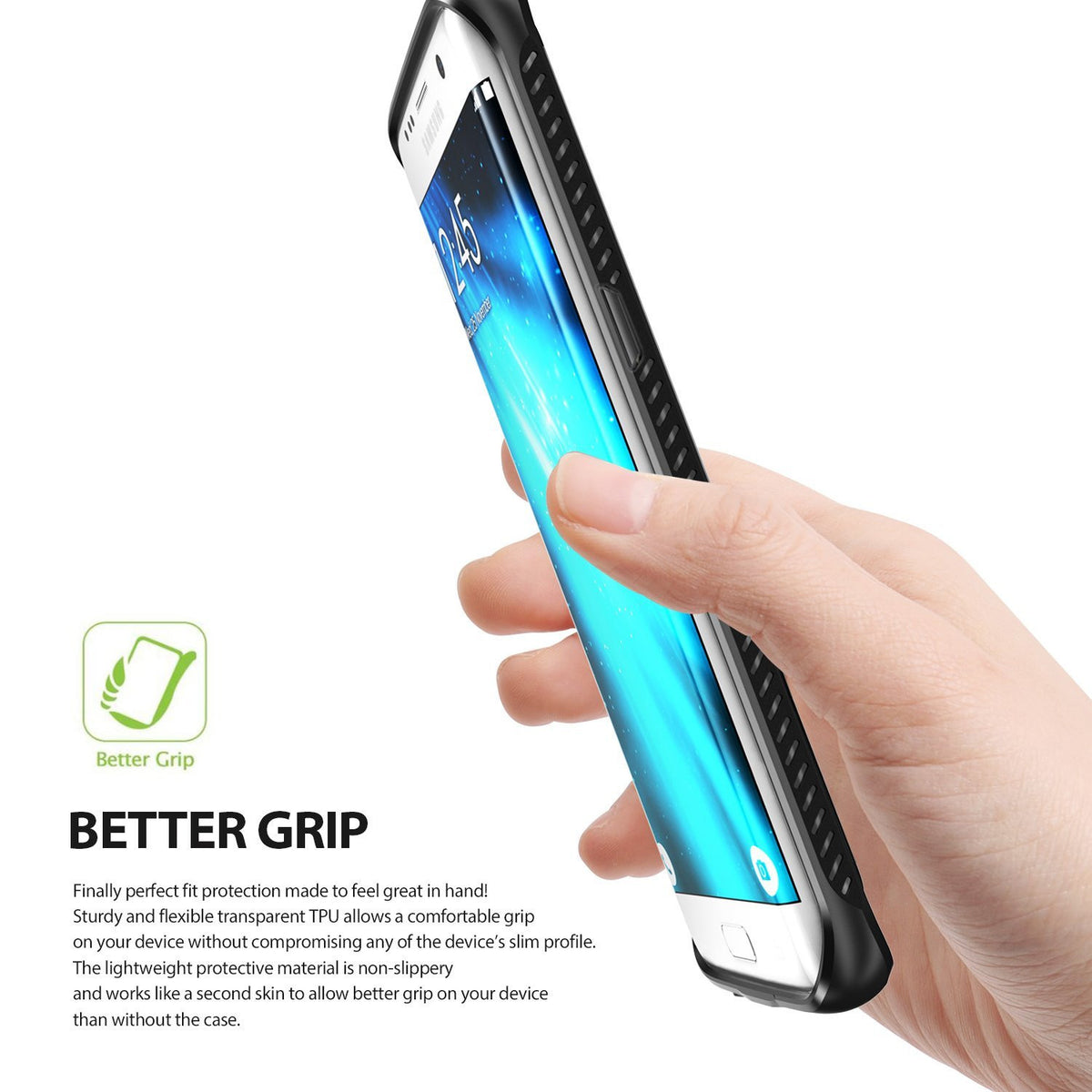 Galaxy S7 Edge Case | Onyx - Gray - Hand holding a Galaxy S7 Edge with a slim gray protective case, highlighting grip.
