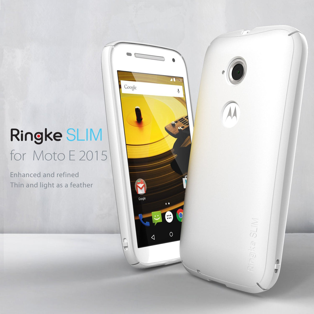Moto E 2015 (2nd Gen.) Case | Slim - Black - Front and back views of a white Moto E 2015 phone with a slim protective case.