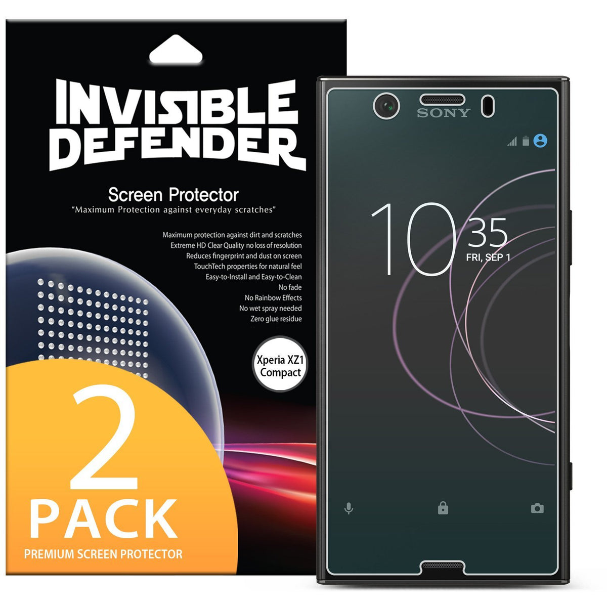 Xperia XZ1 Compact Screen Protector | Invisible Defender - Xperia XZ1 Compact Screen Protector - Invisible Defender 2-pack packaging next to a Sony smartphone with a screen protector.
