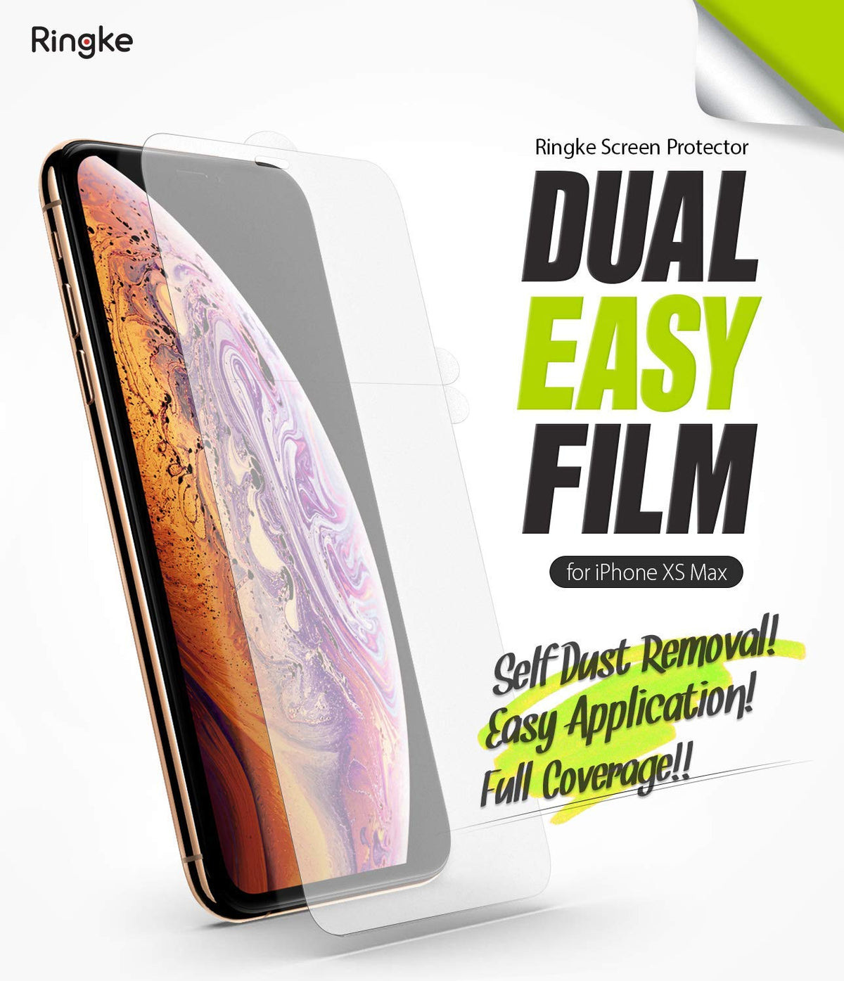 iPhone XS Max Screen Protector | Dual Easy Film - Transparent screen protector film hovering over an iPhone XS Max.