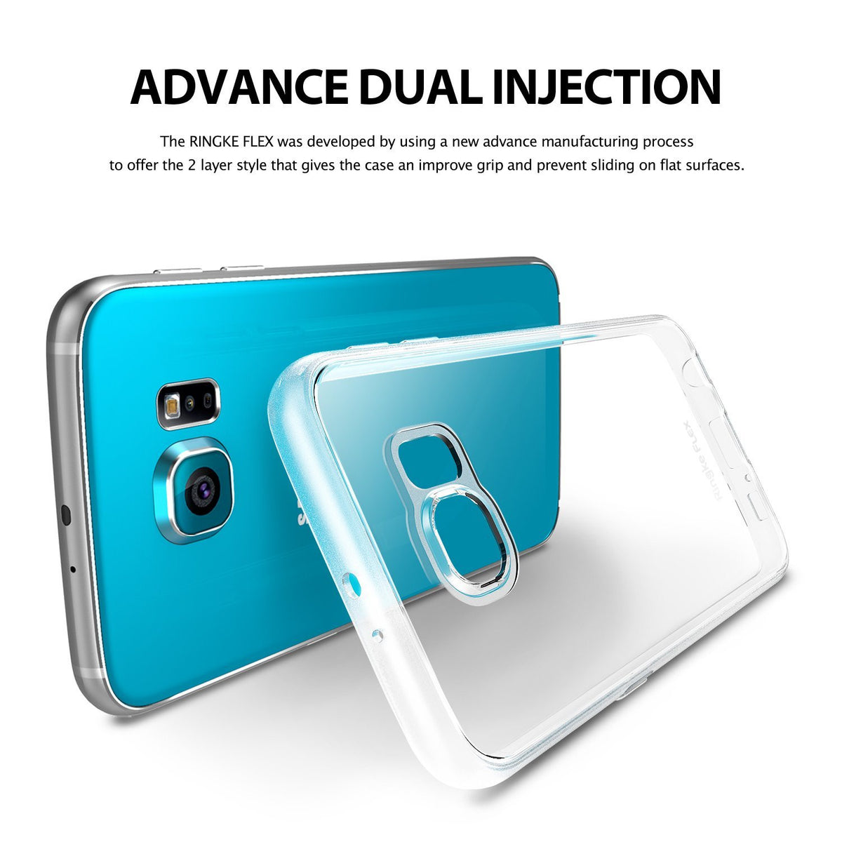 Galaxy S6 Case | Flex - Clear - A clear protective phone case placed next to a blue Galaxy S6 smartphone.