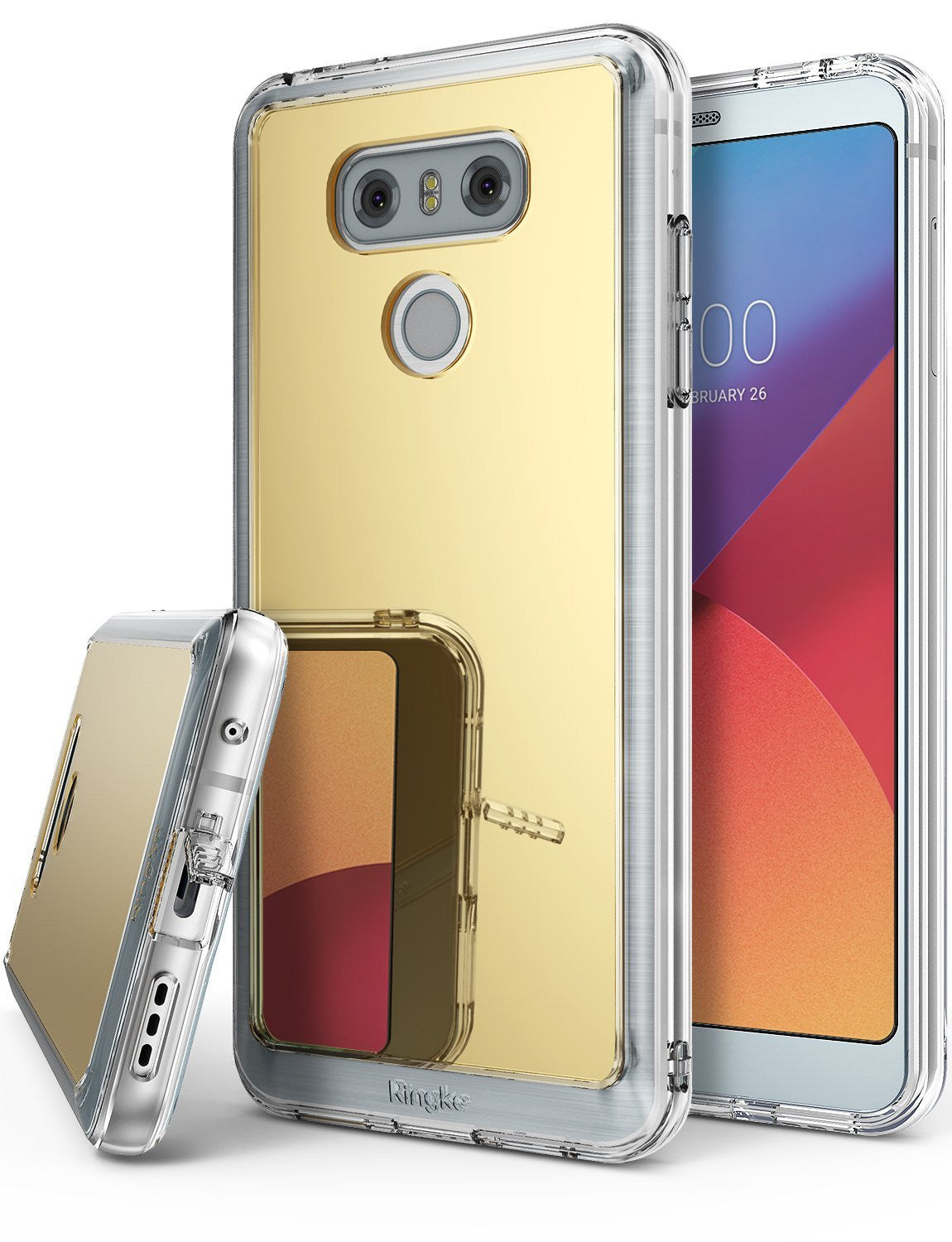 LG G6 Case | Mirror - Gold reflective phone case with clear bumper, shown from back and side angles on an LG G6 smartphone.