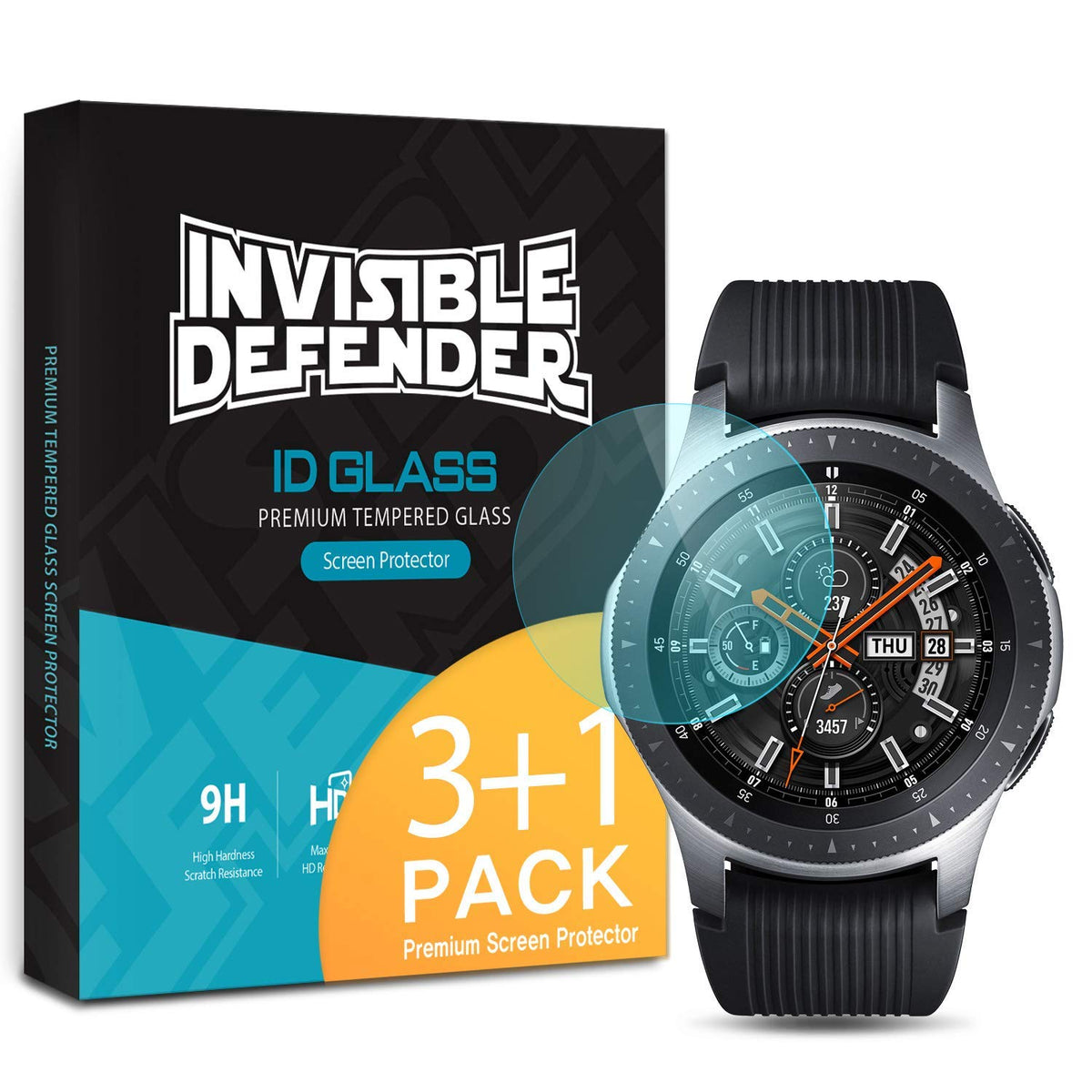 Galaxy Watch 46mm Screen Protector | Glass - Invisible Defender 3+1 pack box next to a Galaxy smartwatch with a glass protector.