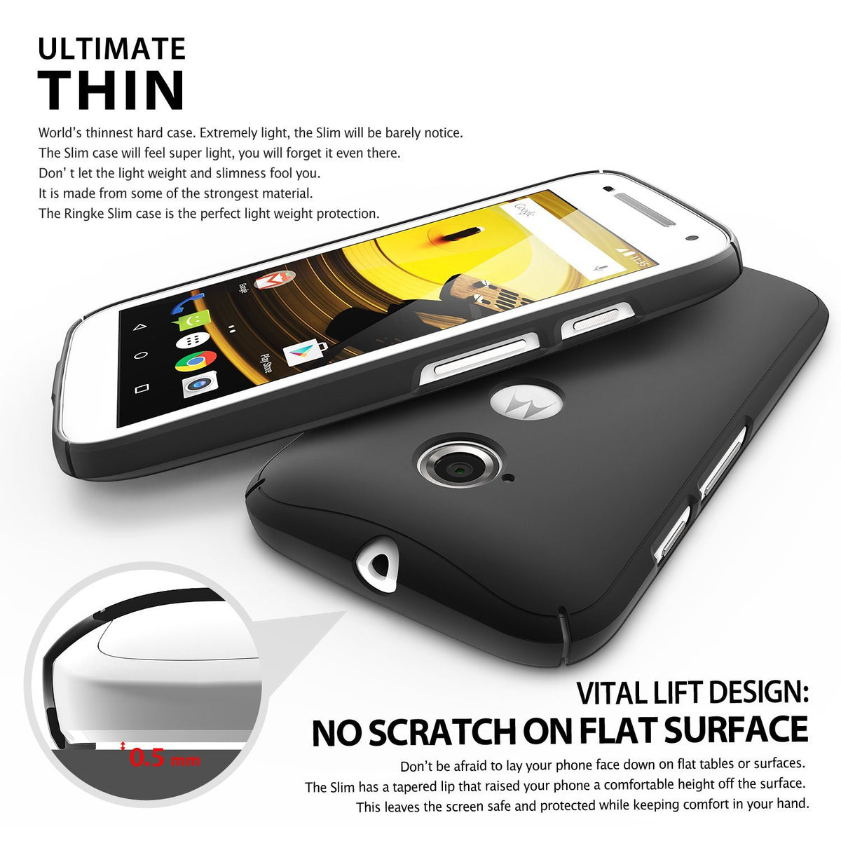 Moto E 2015 (2nd Gen.) Case | Slim - Black - Black slim phone case on a Moto E 2015 showing front and back views.