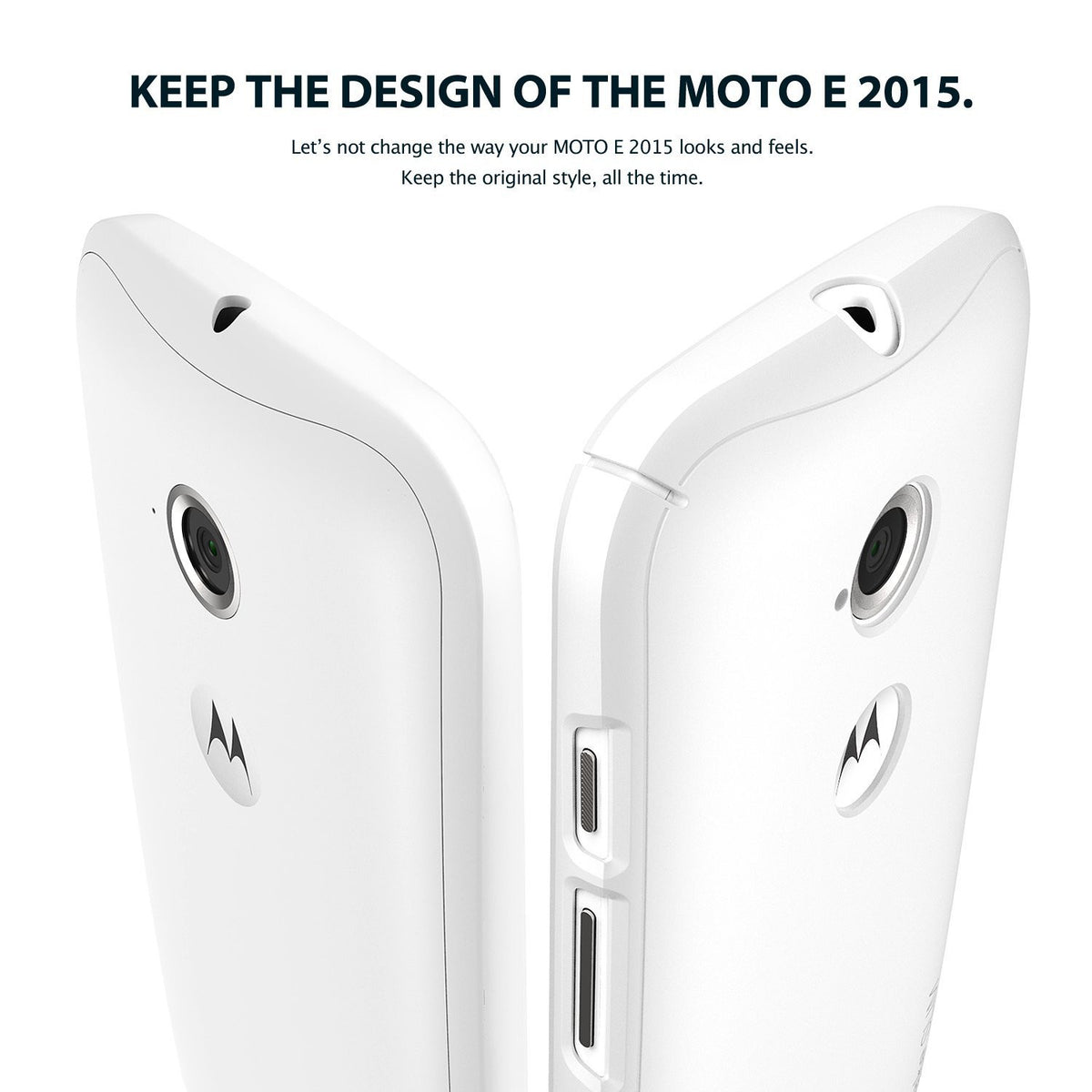 Moto E 2015 (2nd Gen.) Case | Slim - Black - Two views of a white smartphone showing the camera, logo, and side buttons.
