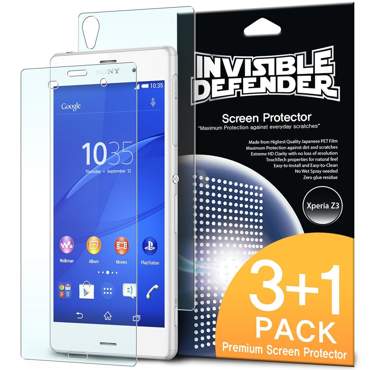 Xperia Z3 Screen Protector | Invisible Defender - Xperia Z3 Screen Protector - Invisible Defender 3+1 pack for Sony Xperia Z3 with a clear film overlaying the phone screen.