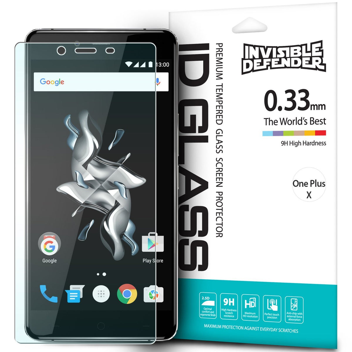OnePlus X Screen Protector | Invisible Defender Glass - OnePlus X Screen Protector - Invisible Defender tempered glass screen protector next to its retail packaging.