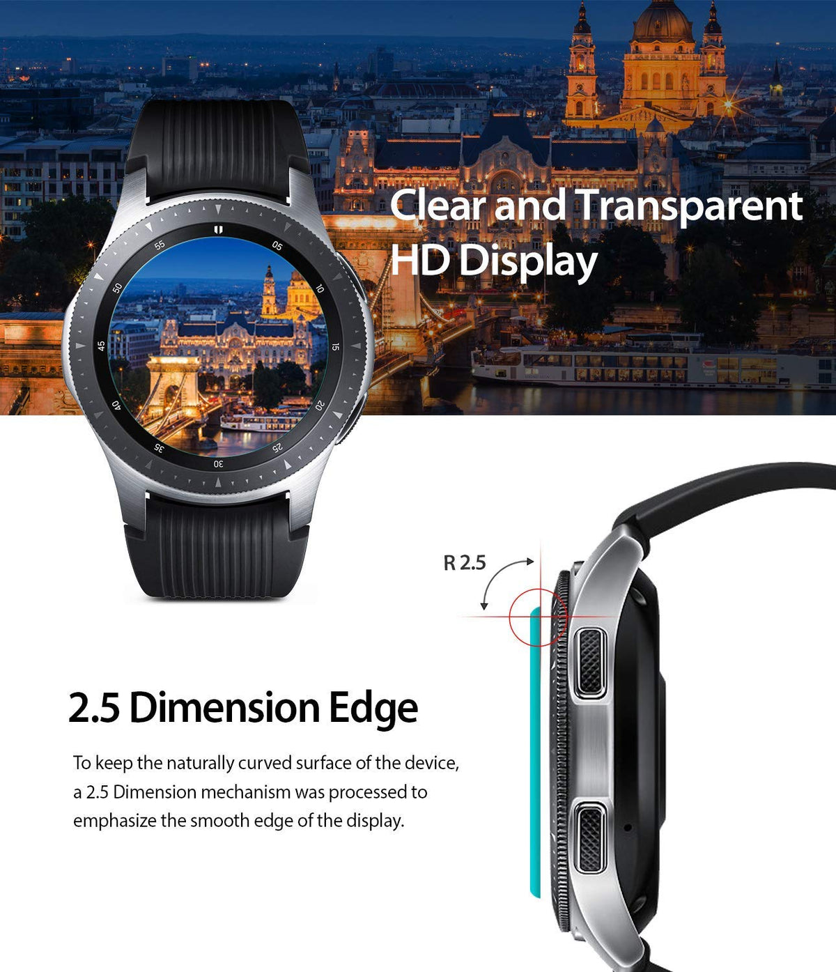 Galaxy Watch 46mm Screen Protector | Glass - Galaxy Watch 46mm Screen Protector - Smartwatch showing HD display clarity and a 2.5D curved edge profile diagram.