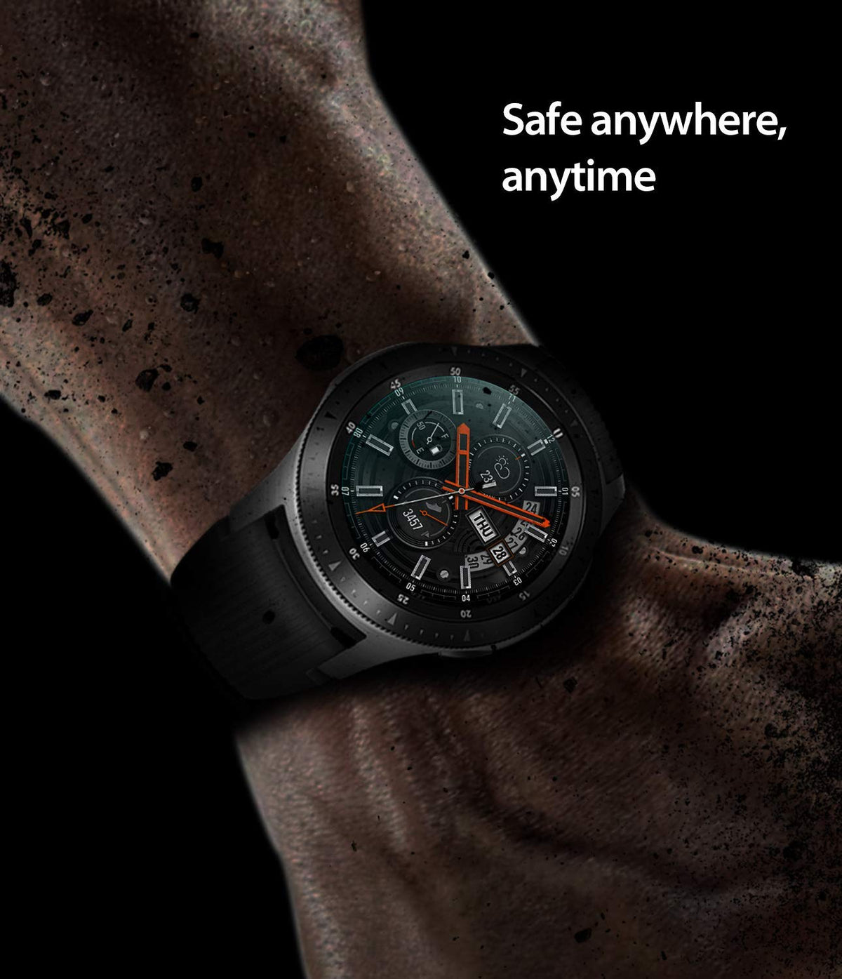 Galaxy Watch 46mm Screen Protector | Glass - Galaxy Watch 46mm Screen Protector - A Galaxy Watch on a dirty arm with the text Safe anywhere, anytime against a black background.