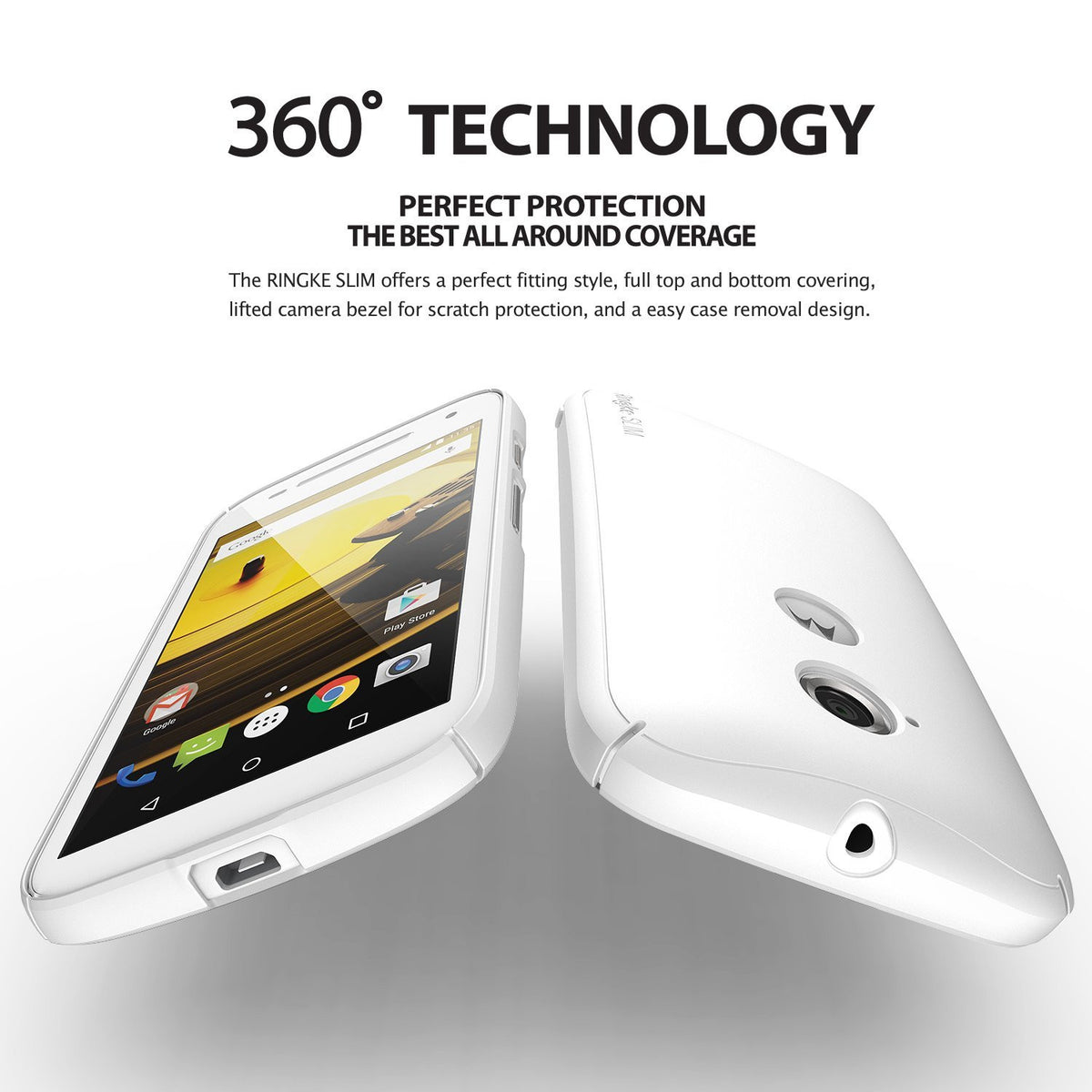 Moto E 2015 (2nd Gen.) Case | Slim - Black - White smartphone in a slim protective case showing front and back views.
