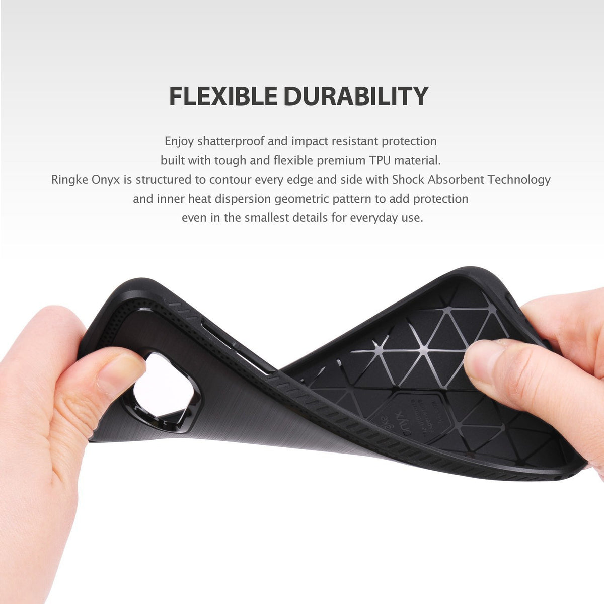 Galaxy S7 Edge Case | Onyx - Gray - Hands bending a flexible black TPU phone case showing its geometric inner pattern.