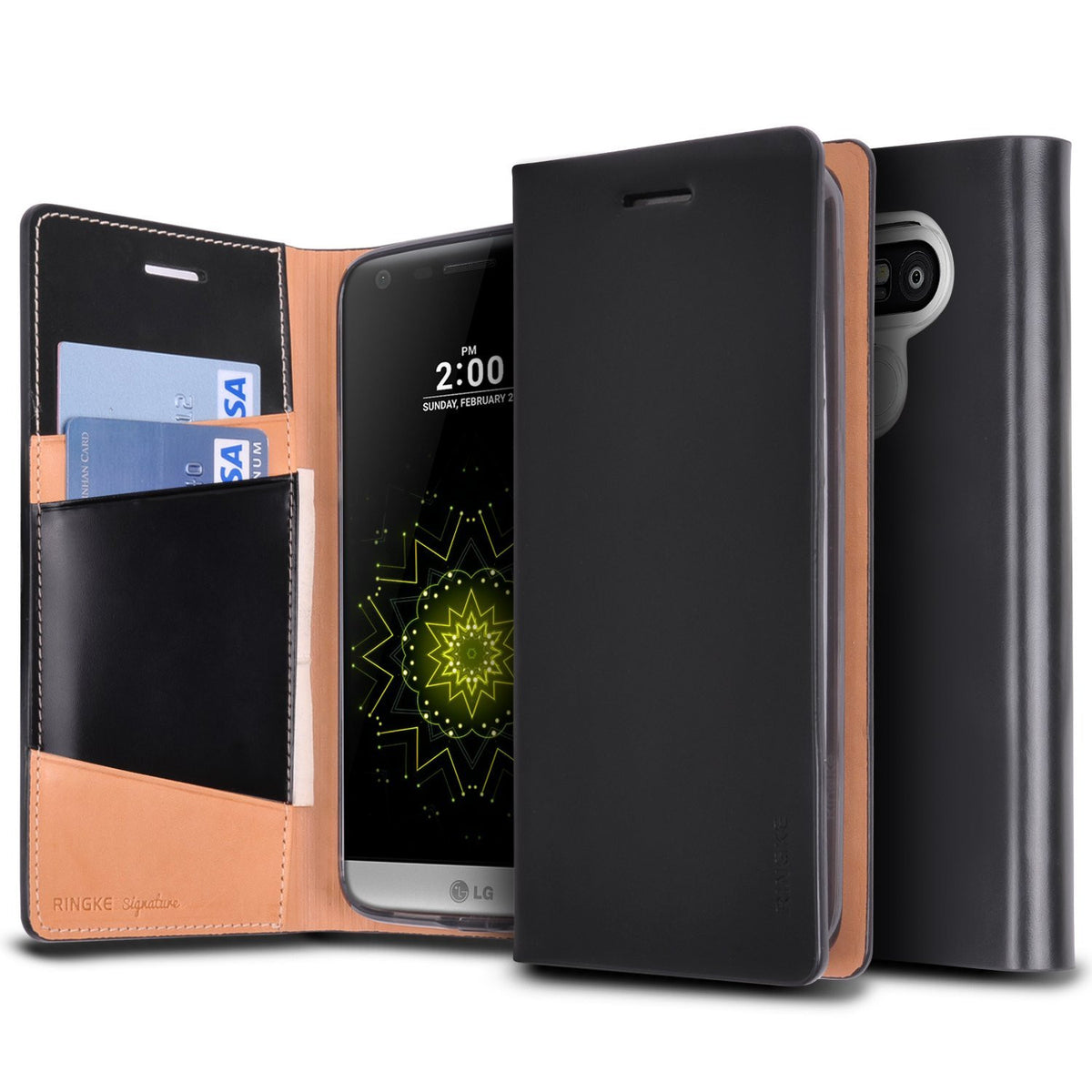 LG G5 Case | Signature - Black - Black leather wallet case for LG G5 with card slots and a magnetic cover.