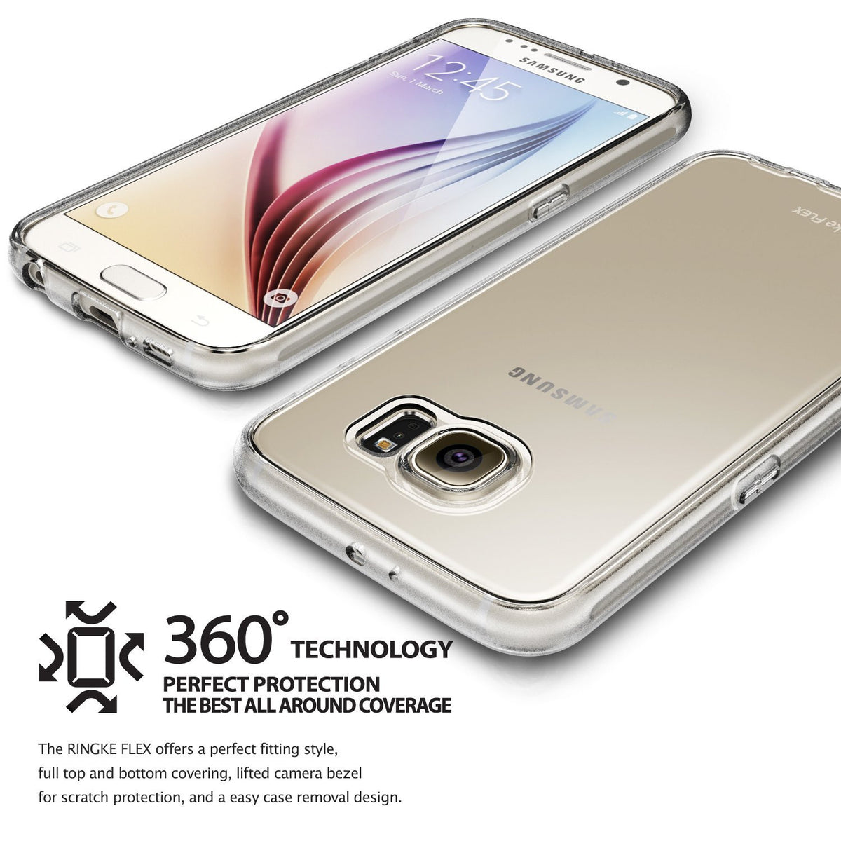 Galaxy S6 Case | Flex - Clear - Samsung Galaxy S6 with a transparent protective case showing front and back views.