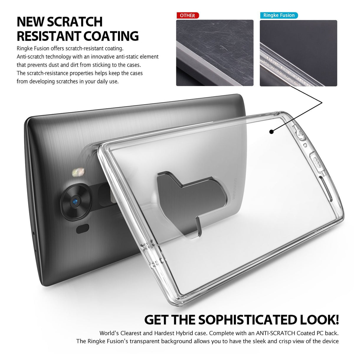 LG G4 Case | Fusion - Smoke Black - Comparison showing a scratched generic case versus a clear, scratch-resistant Ringke case.