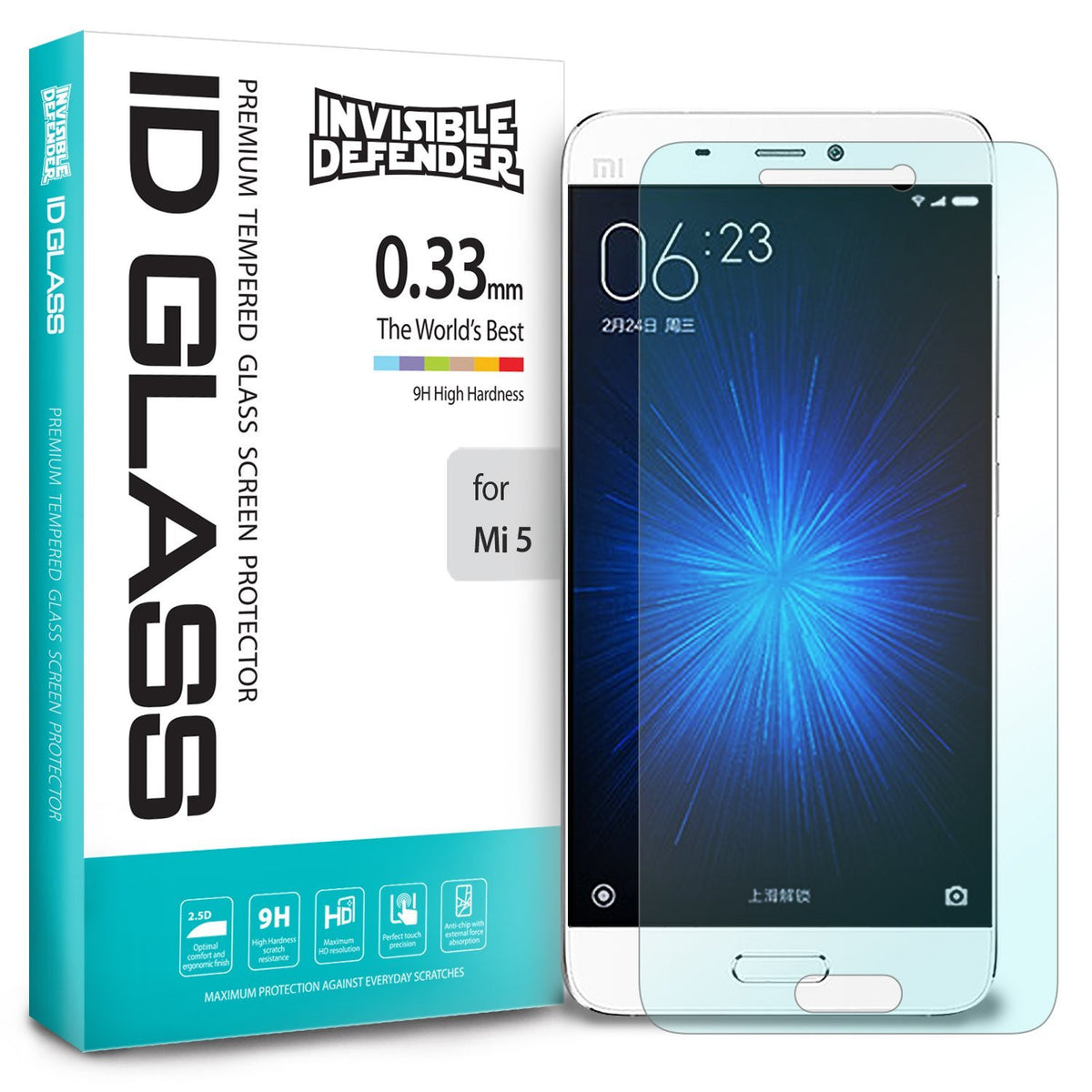 Xiaomi Mi 5 Screen Protector | Invisible defender - Xiaomi Mi 5 Screen Protector - Invisible Defender tempered glass packaging and screen protector for Xiaomi Mi 5 phone.
