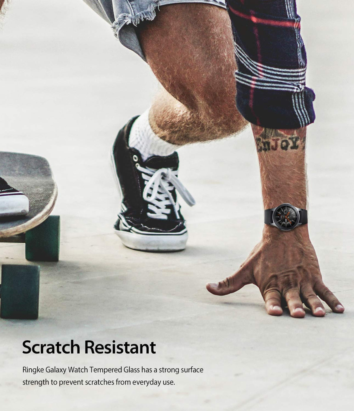 Galaxy Watch 46mm Screen Protector | Glass - Galaxy Watch 46mm Screen Protector - Skateboarder wearing a Galaxy Watch with a protective glass screen cover.