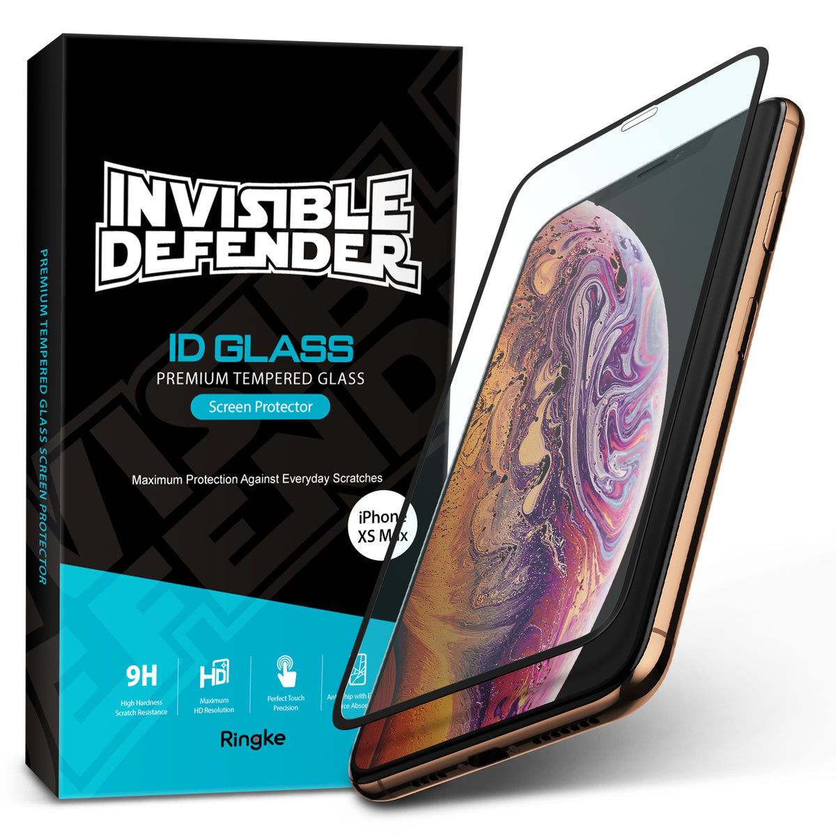 iPhone XS Max Screen Protector | Invisible Defender Glass - Tempered glass screen protector hovering over an iPhone XS Max.