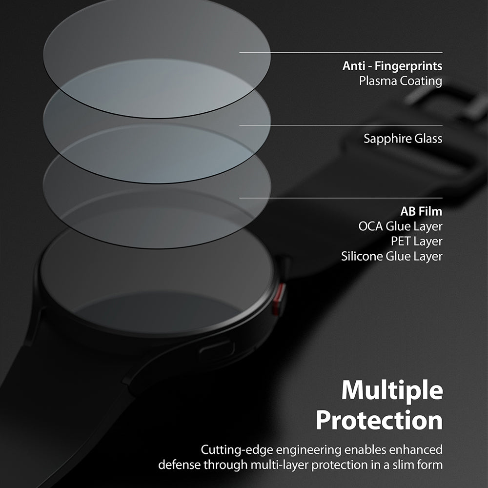 Galaxy Watch 5 / 4 (40mm) Screen Protector | Sapphire Crystal Glass - Galaxy Watch 5 / 4 (40mm) Screen Protector - Exploded view showing multi-layer sapphire glass screen protector structure.