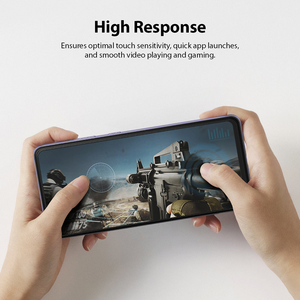 Galaxy A72 Screen Protector | Invisible Defender - Hands holding a phone playing a first-person shooter game.