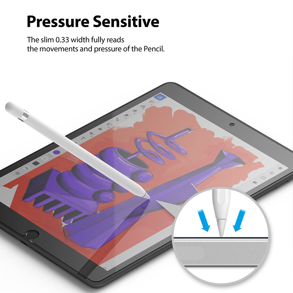 Tempered Glass | iPad - Stylus drawing on iPad screen with an inset showing pressure sensitivity on the glass surface.
