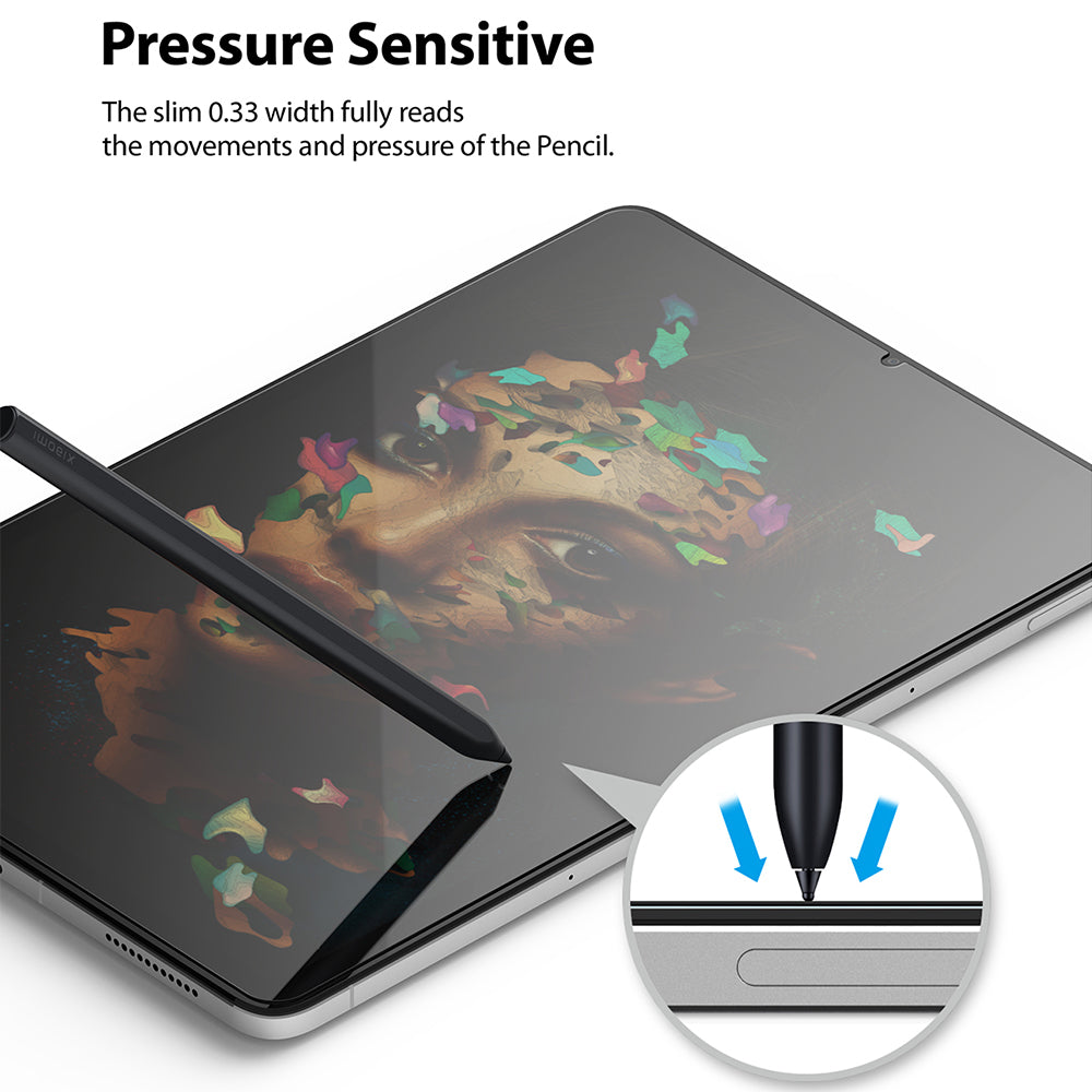 Xiaomi Pad 5 / 5 Pro Screen Protector | Invisible Defender Glass - Xiaomi Pad 5 / 5 Pro Screen Protector - Stylus pen touching tablet screen with a close-up showing pressure sensitivity.