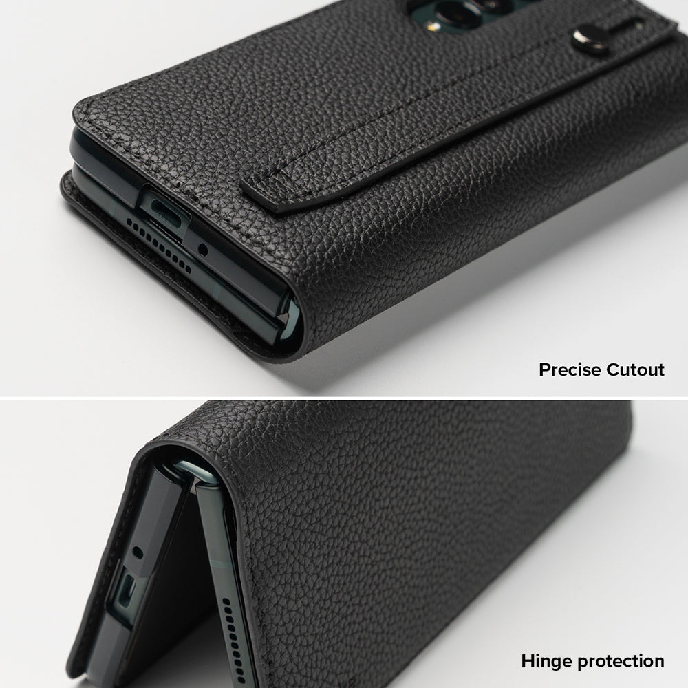 Galaxy Z Fold 3 Case | Folio Signature EZ Strap - Black textured leather case showing precise port cutouts and hinge.