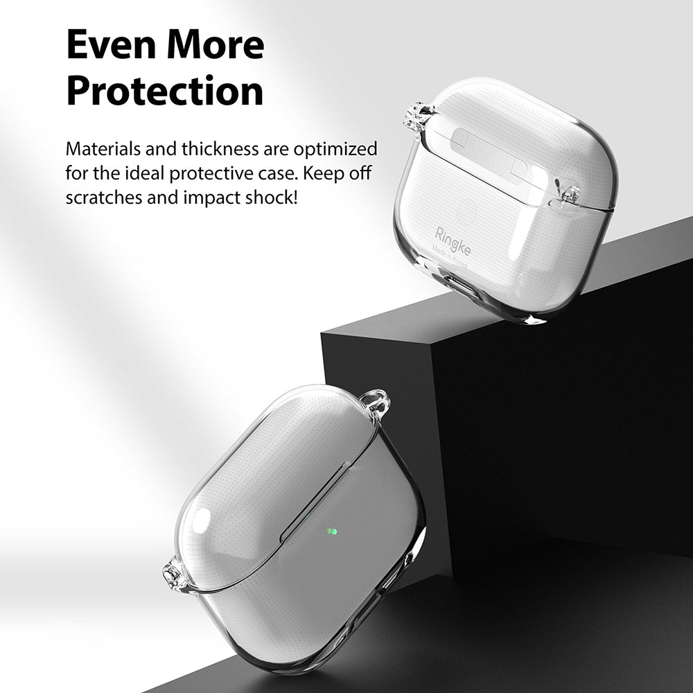 AirPods 3 Case | Hinge - Two clear protective cases for AirPods 3 displayed on a black geometric surface.