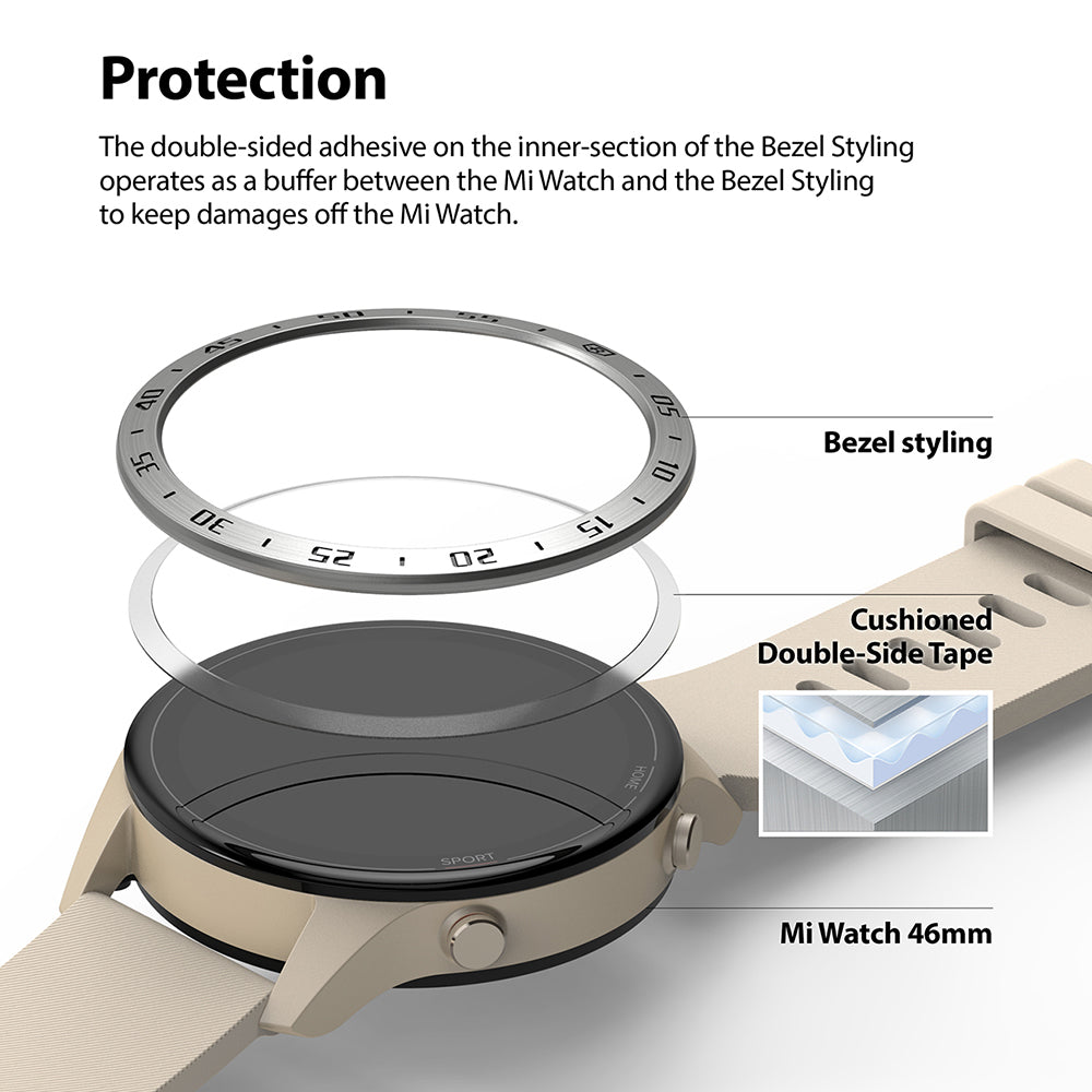 Xiaomi Mi Watch 46mm | Bezel Styling 46-01 - Exploded view of a watch bezel, adhesive ring, and smartwatch body.