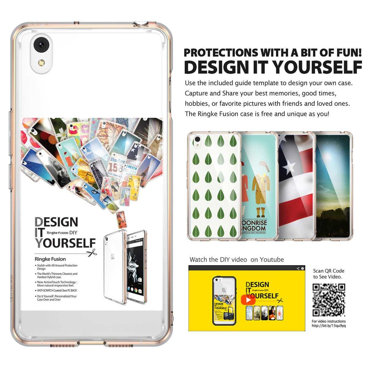 OnePlus X Case | Fusion - Smoke Black - Clear phone case with customizable inserts, showing various design examples and a QR code.
