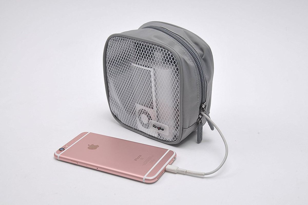 Travel Organizer Pouch - Grey mesh pouch containing a charger, connected by a cable to a rose gold smartphone.