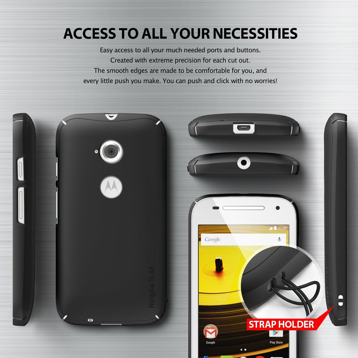 Moto E 2015 (2nd Gen.) Case | Slim - Black - Multiple views of a black phone case showing precise cutouts and a strap holder.
