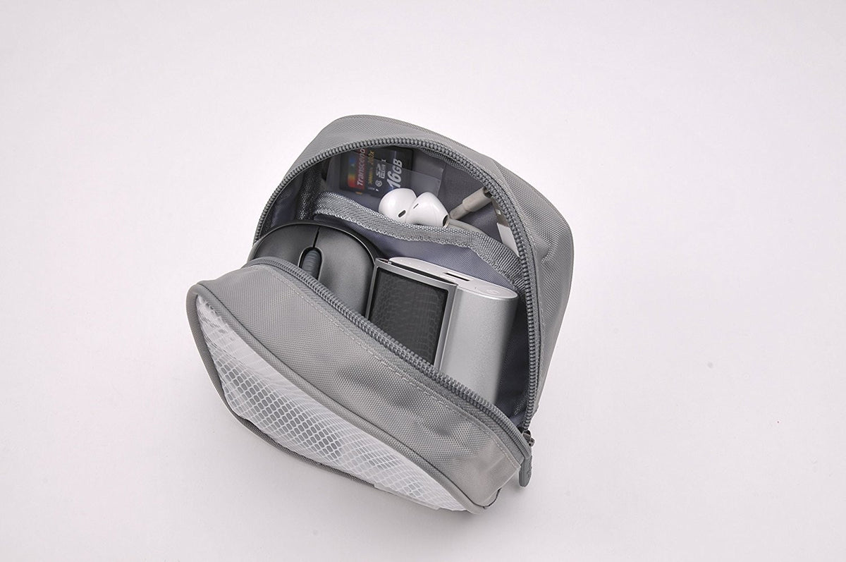Travel Organizer Pouch - Open grey zippered pouch containing a computer mouse, power bank, earbuds, and an SD card.