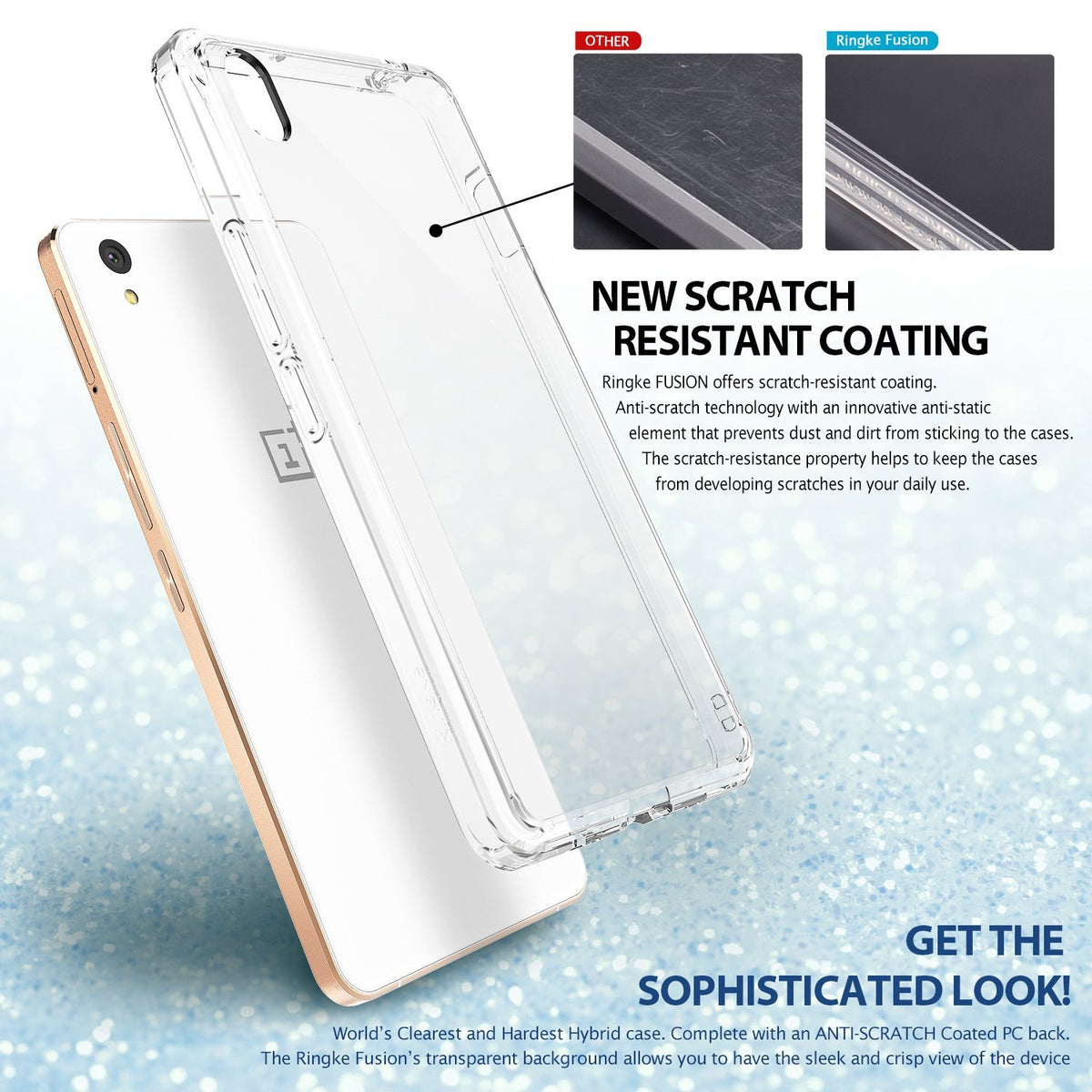 OnePlus X Case | Fusion - Smoke Black - Transparent phone case showing scratch-resistant coating comparison and features.